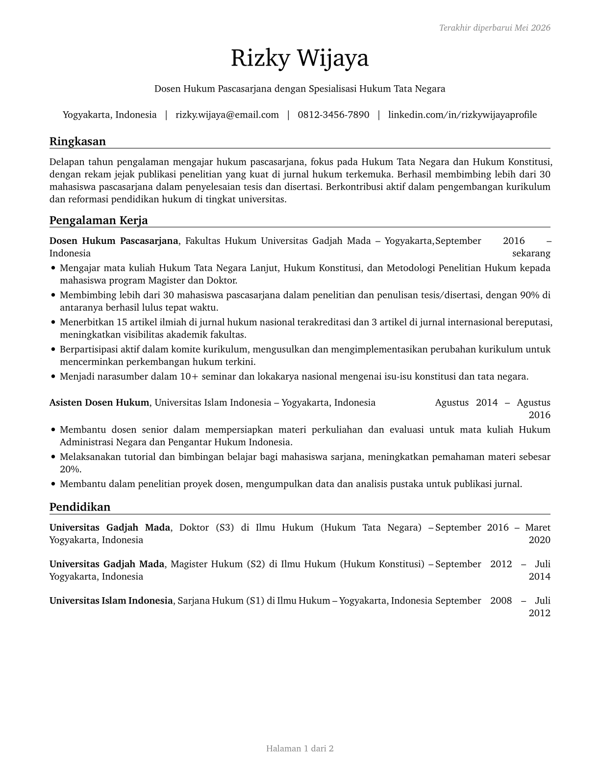 Law Teachers, Postsecondary CV in Indonesian — page 1