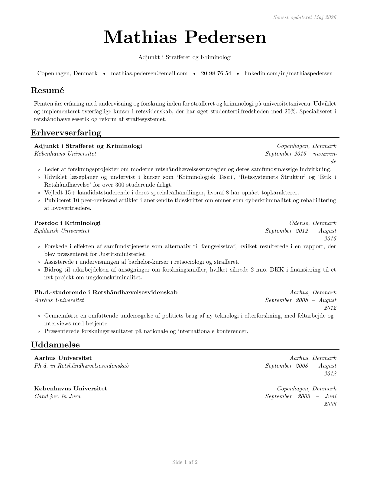 Criminal Justice and Law Enforcement Teachers, Postsecondary CV in Danish — page 1