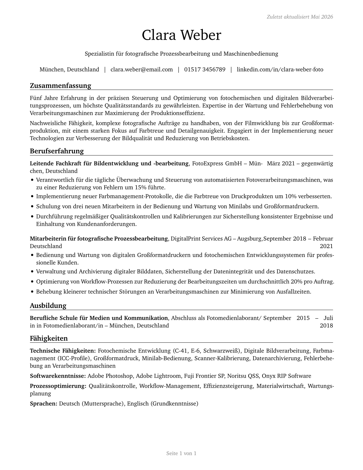 Photographic Process Workers and Processing Machine Operators CV in German — page 1