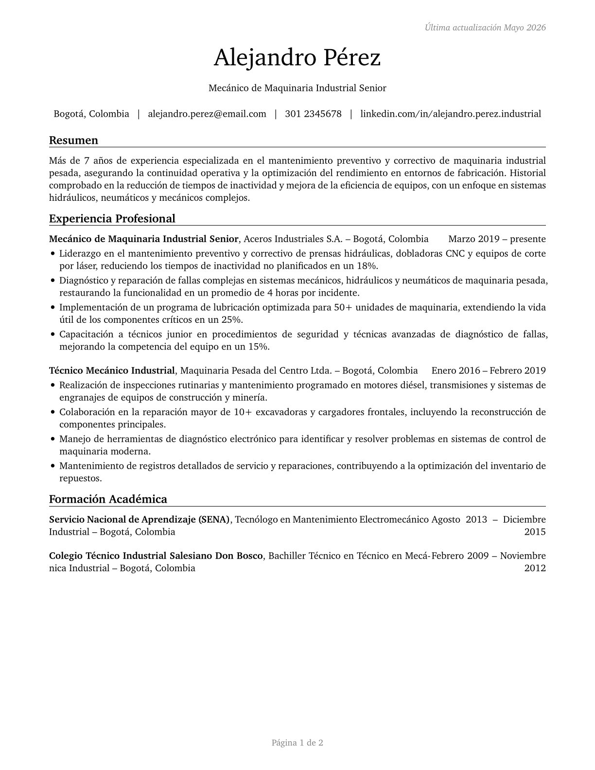 Industrial Machinery Mechanics CV in Spanish — page 1