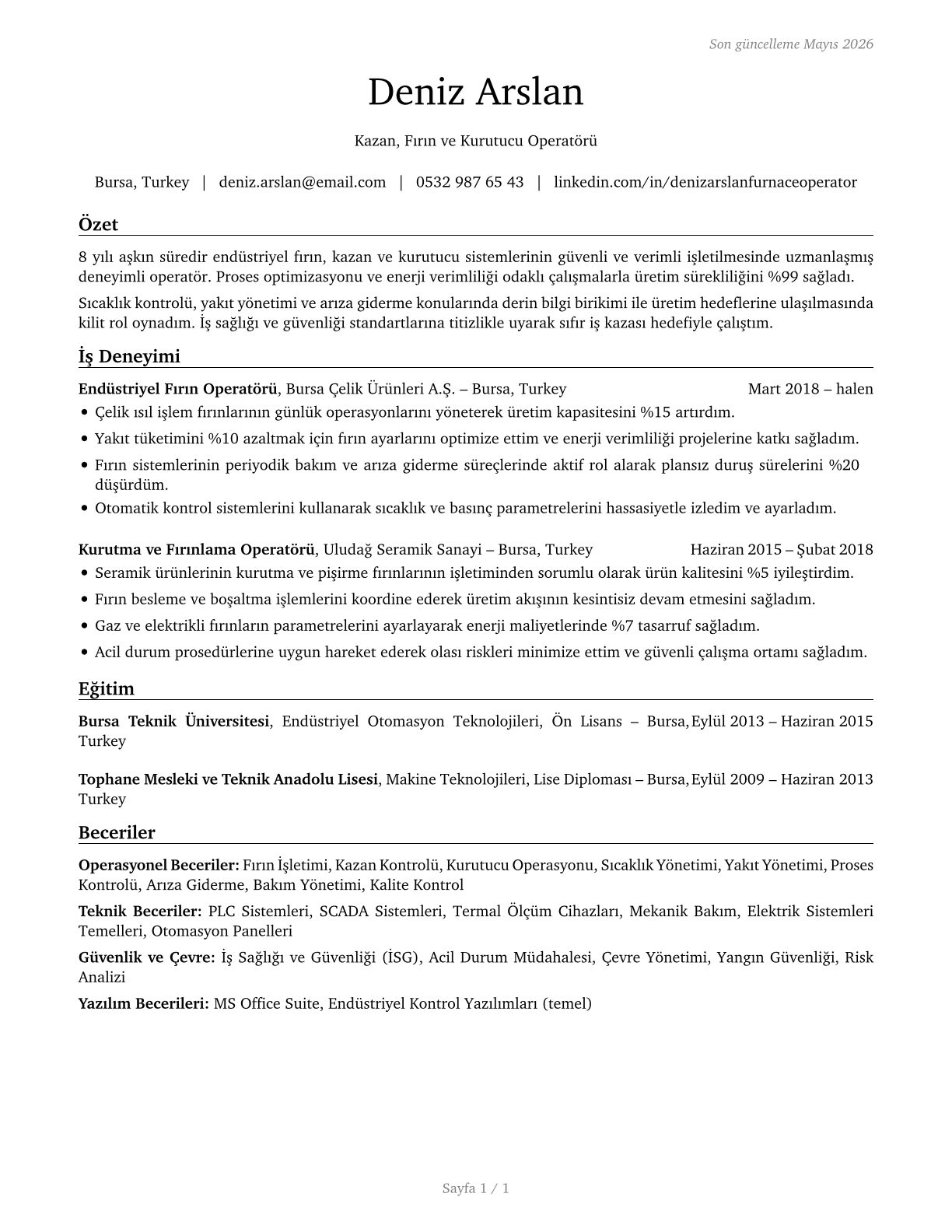 Furnace, Kiln, Oven, Drier, and Kettle Operators and Tenders CV in Turkish — page 1