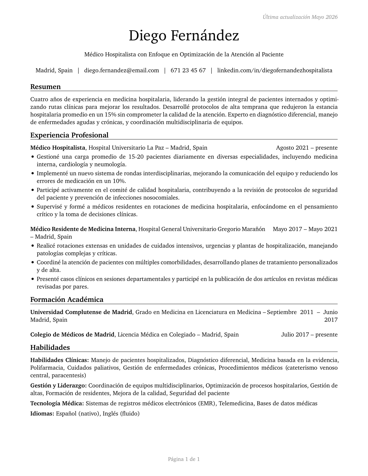 Hospitalists CV in Spanish — page 1