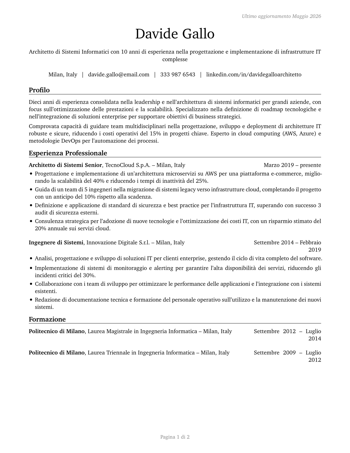 Computer Systems Engineers/Architects CV in Italian — page 1