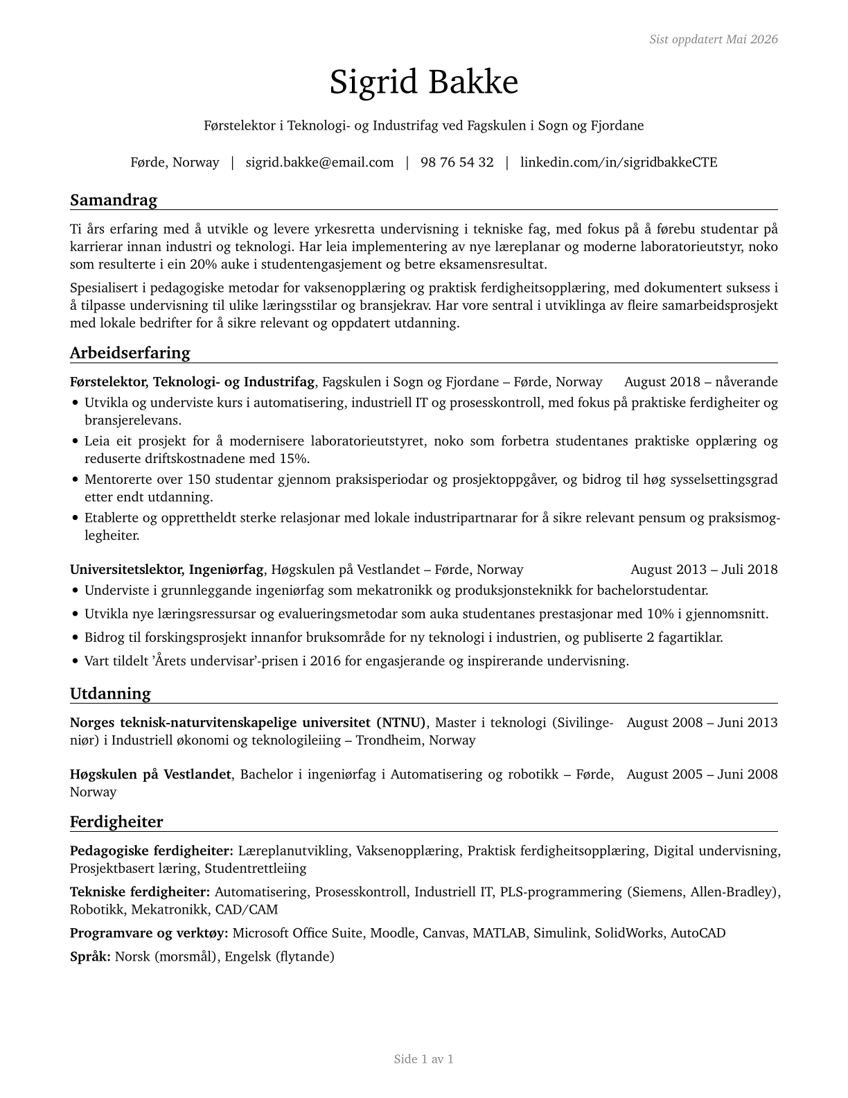 Career/Technical Education Teachers, Postsecondary CV in Norwegian_nynorsk — page 1