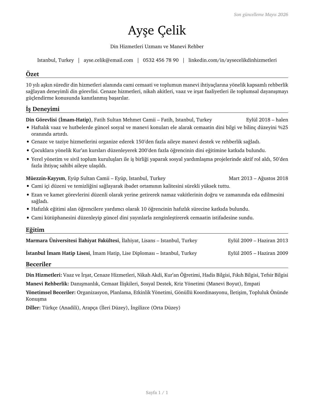 Religious Workers, All Other CV in Turkish — page 1