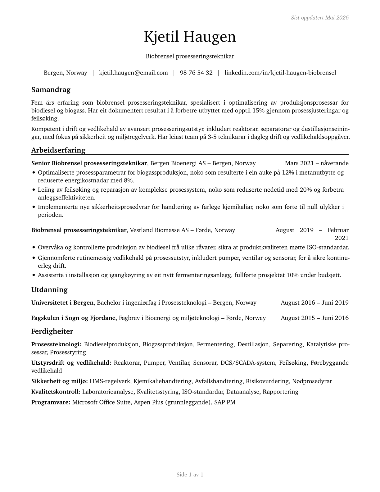 Biofuels Processing Technicians CV in Norwegian_nynorsk — page 1