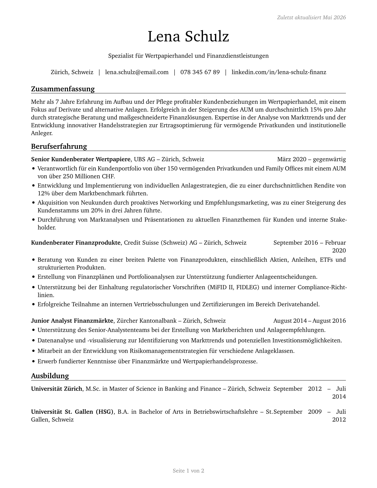 Securities, Commodities, and Financial Services Sales Agents CV in German — page 1