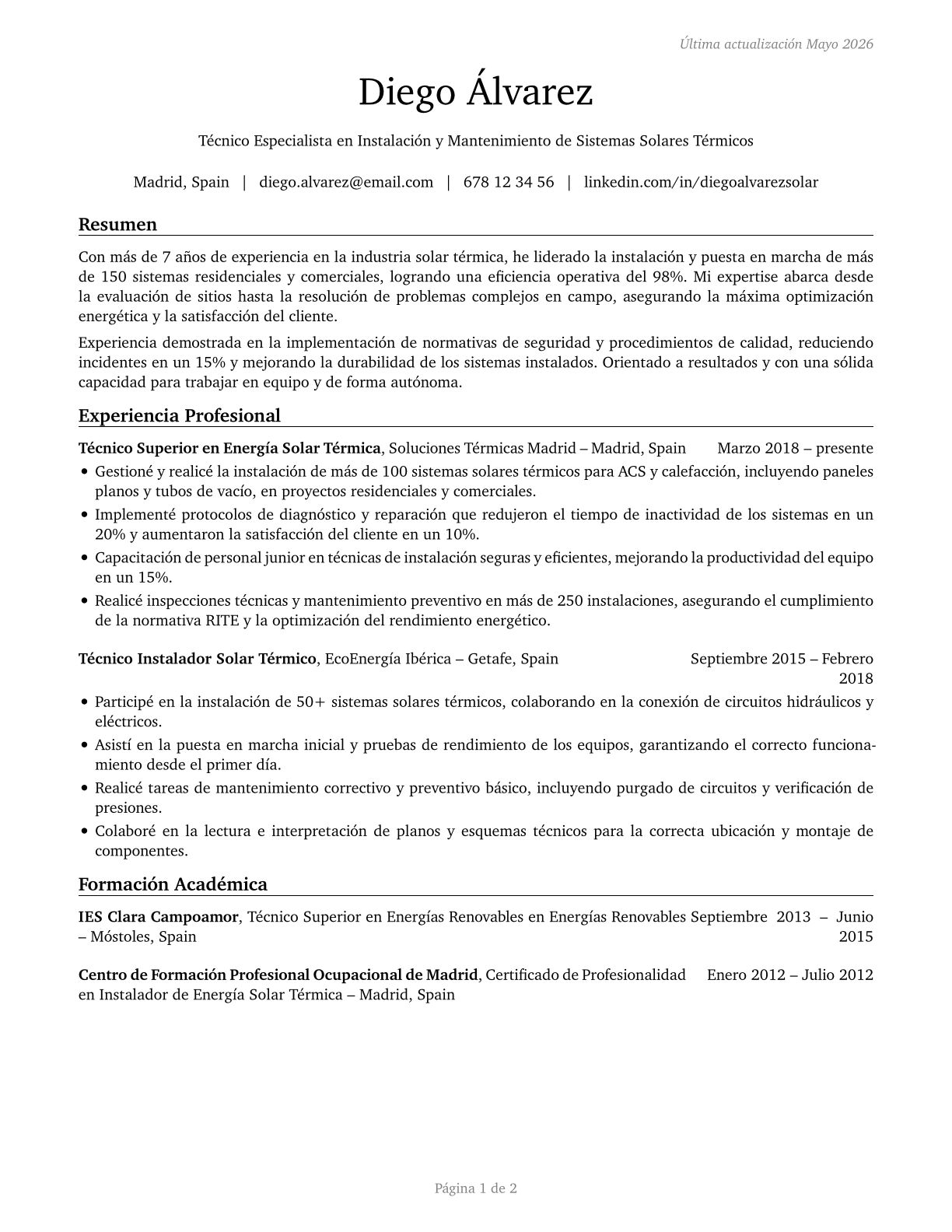 Solar Thermal Installers and Technicians CV in Spanish — page 1