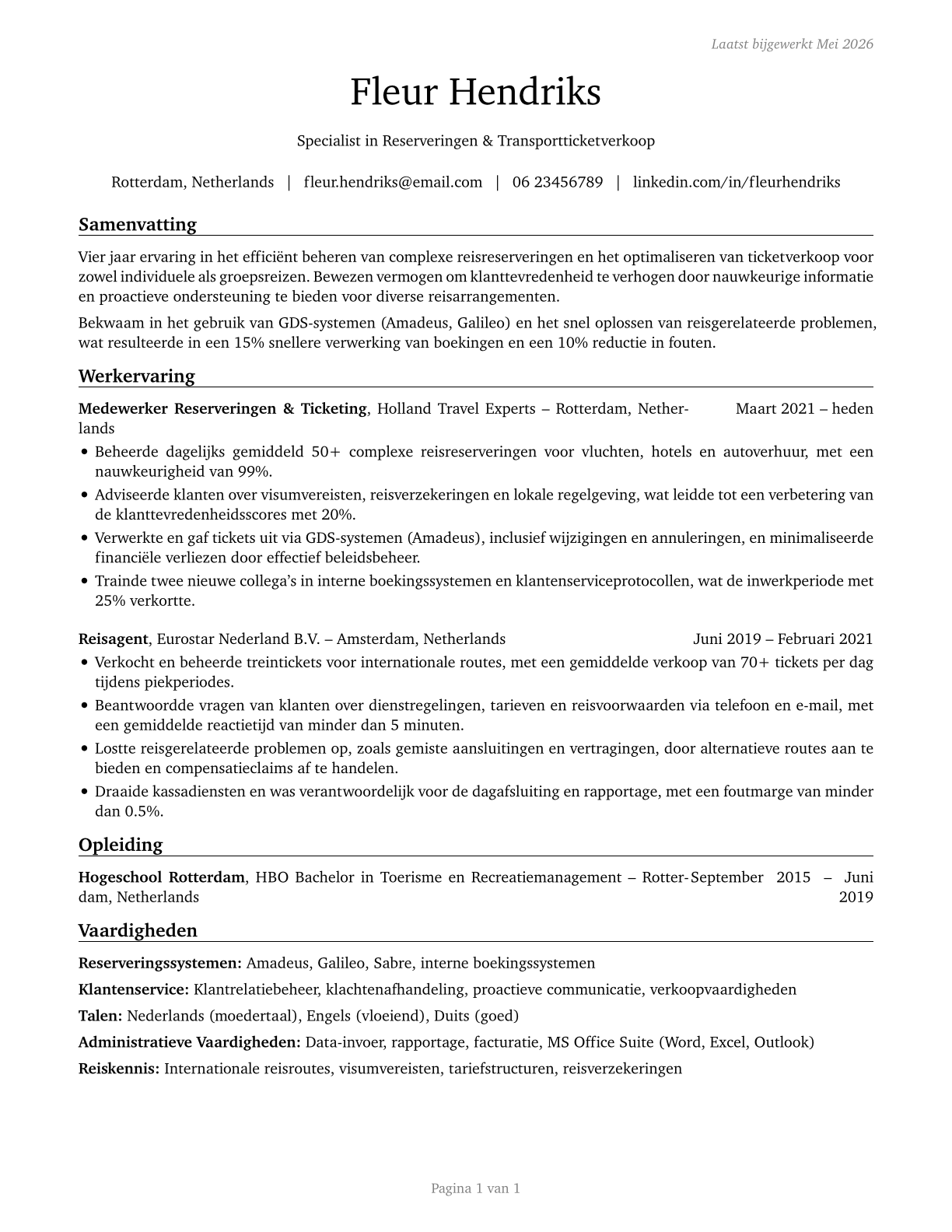 Reservation and Transportation Ticket Agents and Travel Clerks CV in Dutch — page 1