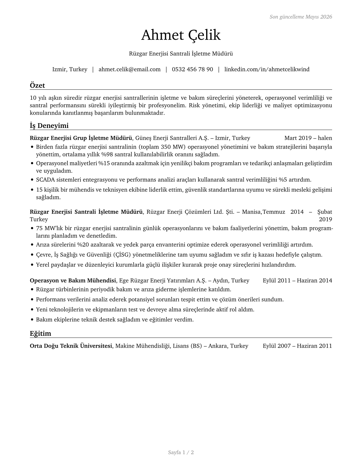 Wind Energy Operations Managers CV in Turkish — page 1