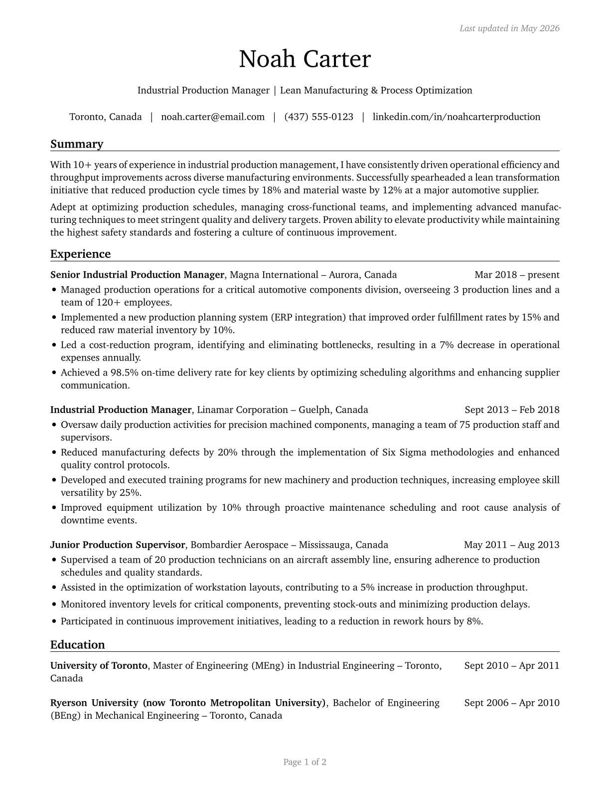 Industrial Production Managers CV in English — page 1