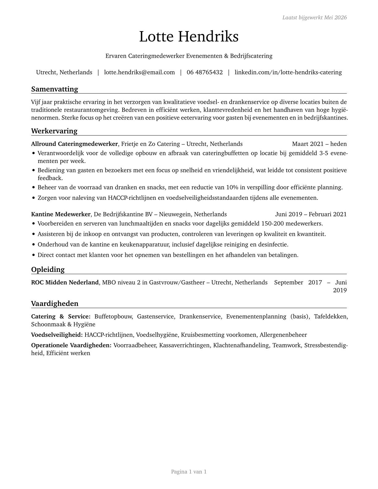 Food Servers, Nonrestaurant CV in Dutch — page 1