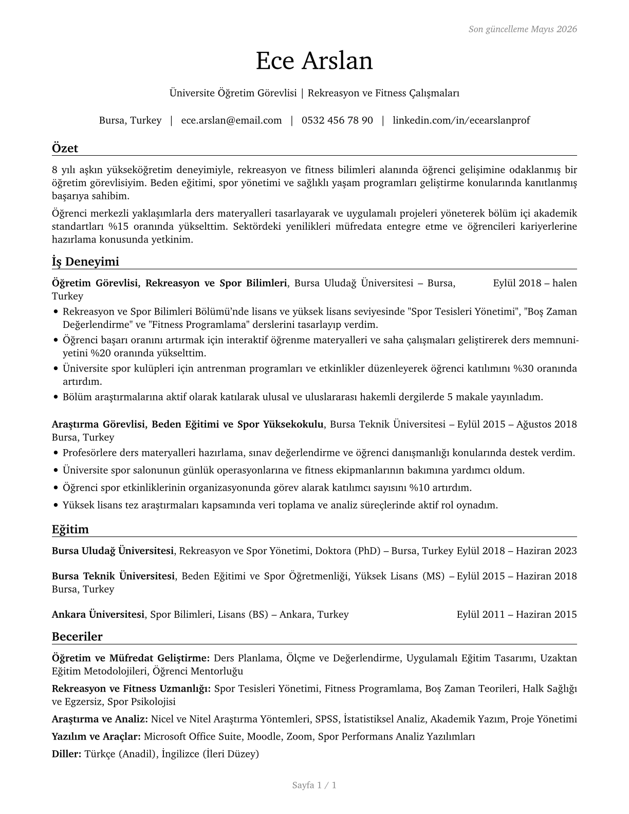 Recreation and Fitness Studies Teachers, Postsecondary CV in Turkish — page 1