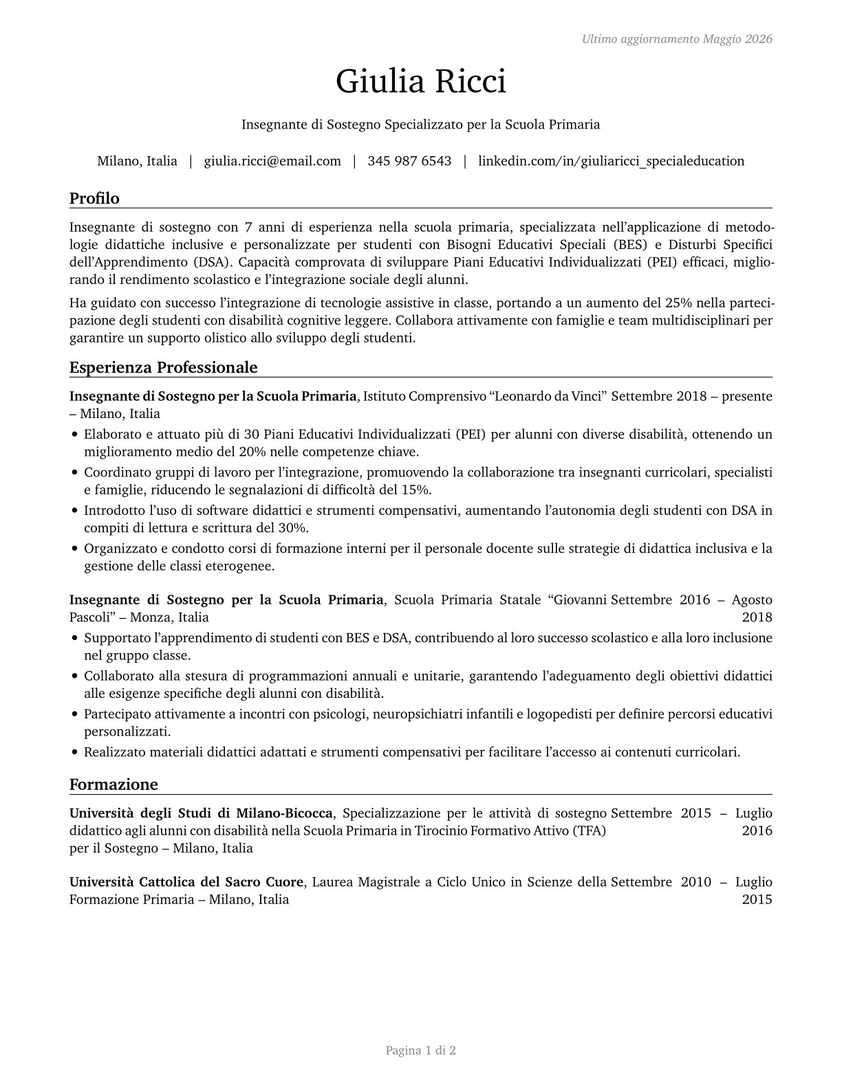 Special Education Teachers, Elementary School CV in Italian — page 1