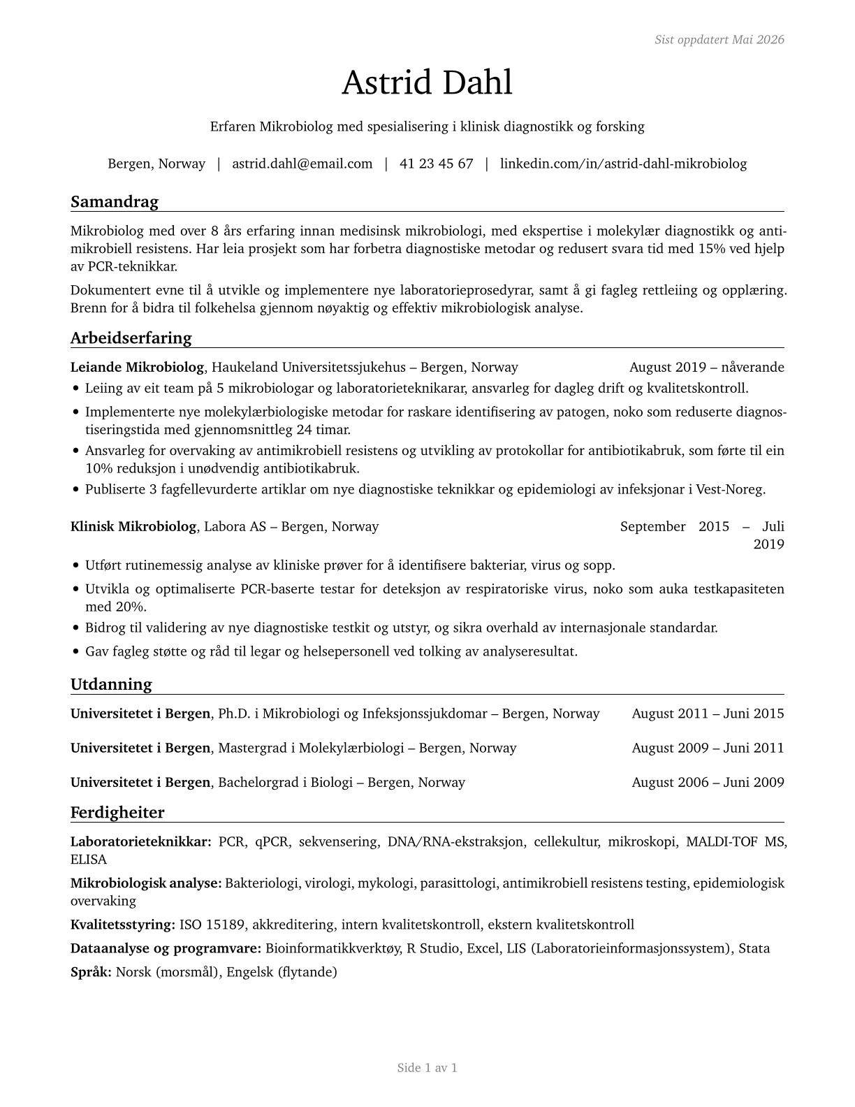 Microbiologists CV in Norwegian_nynorsk — page 1