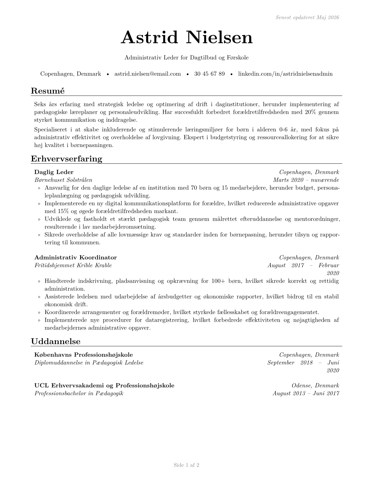 Education and Childcare Administrators, Preschool and Daycare CV in Danish — page 1