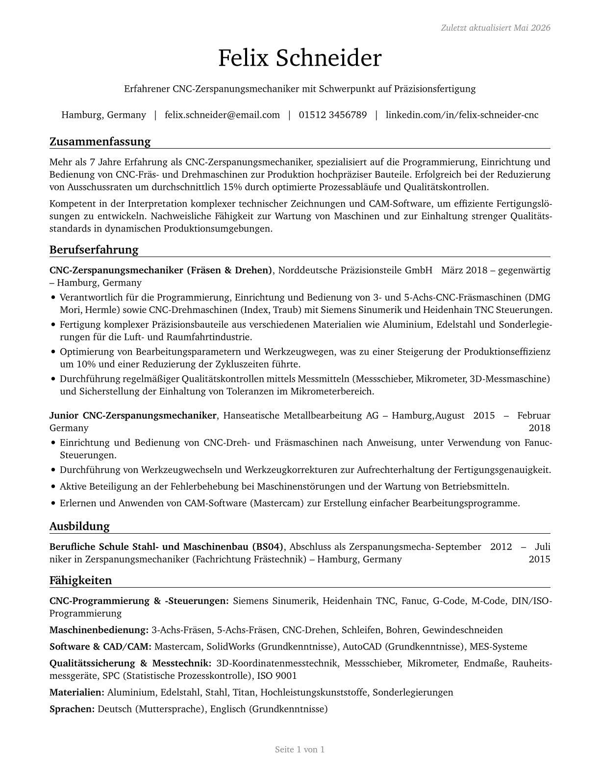 Computer Numerically Controlled Tool Operators CV in German — page 1