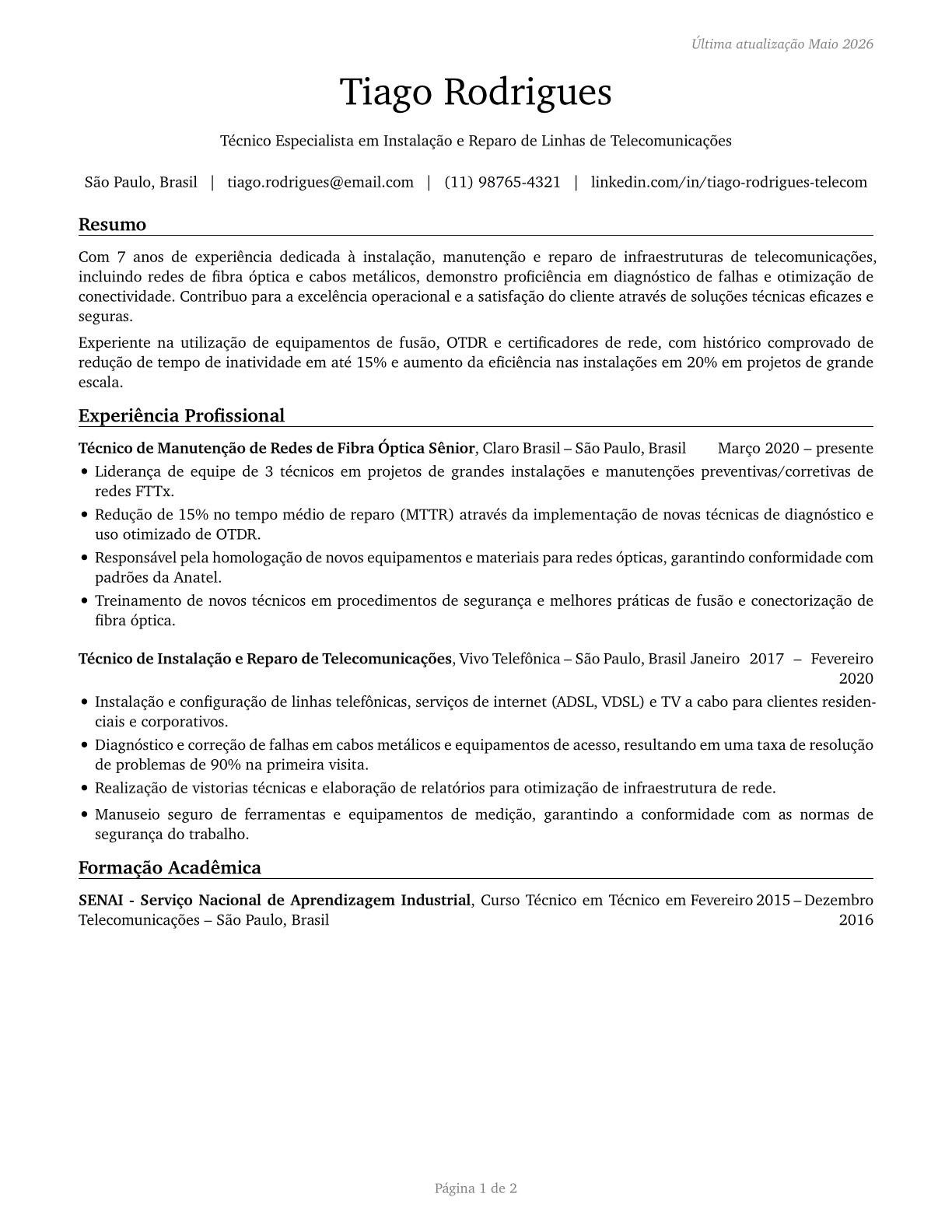 Telecommunications Line Installers and Repairers CV in Portuguese — page 1