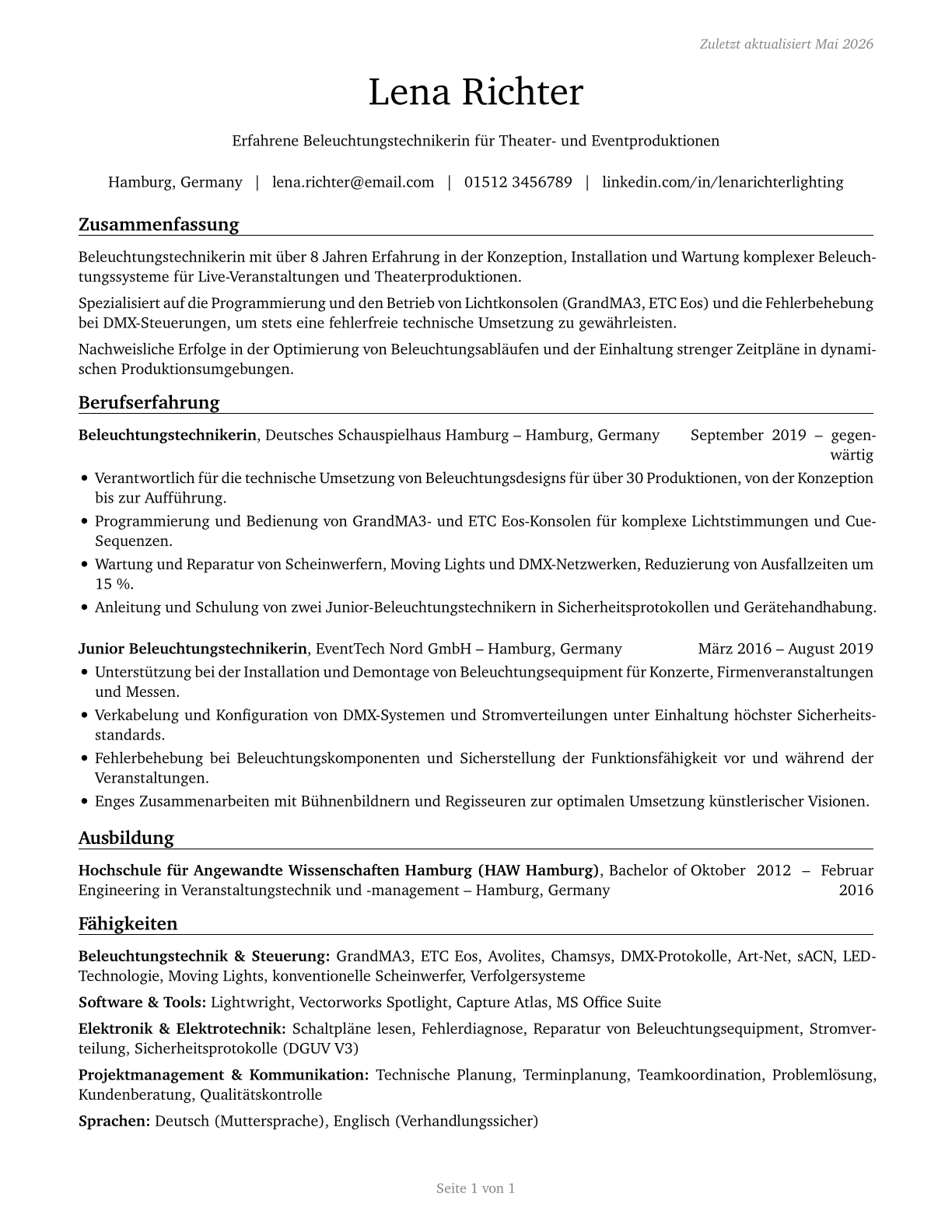 Lighting Technicians CV in German — page 1