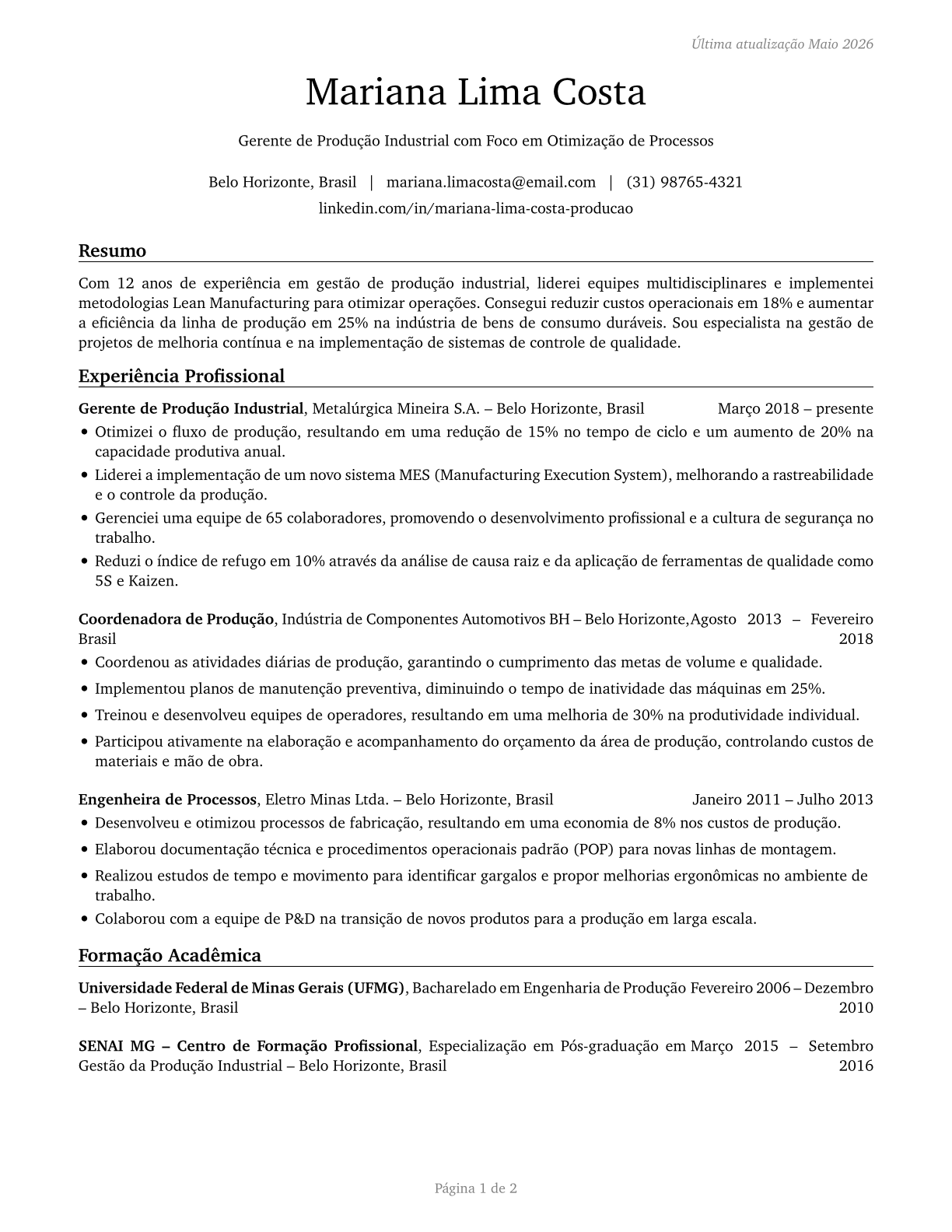 Industrial Production Managers CV in Portuguese — page 1