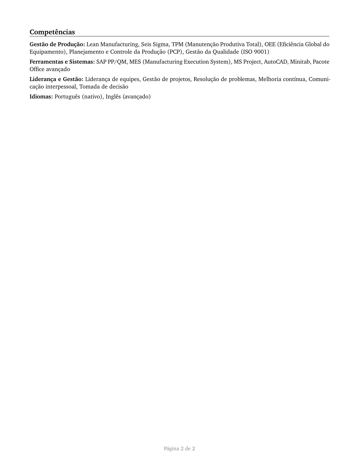 Industrial Production Managers CV in Portuguese — page 2