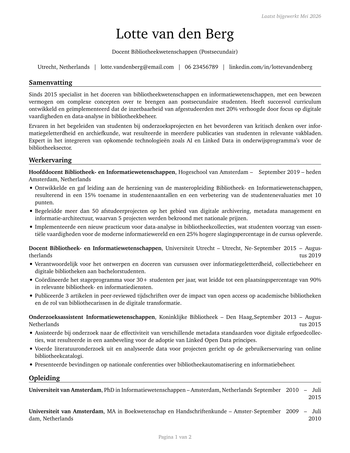 Library Science Teachers, Postsecondary CV in Dutch — page 1