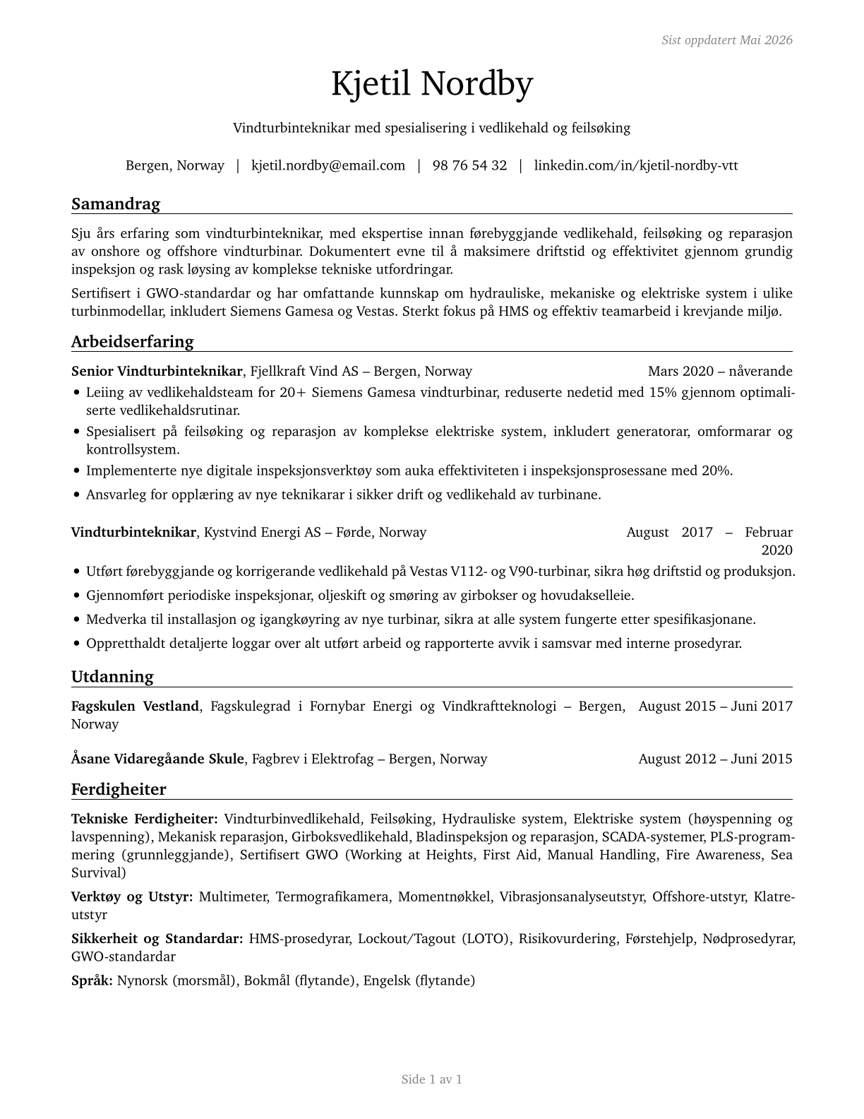 Wind Turbine Service Technicians CV in Norwegian_nynorsk — page 1