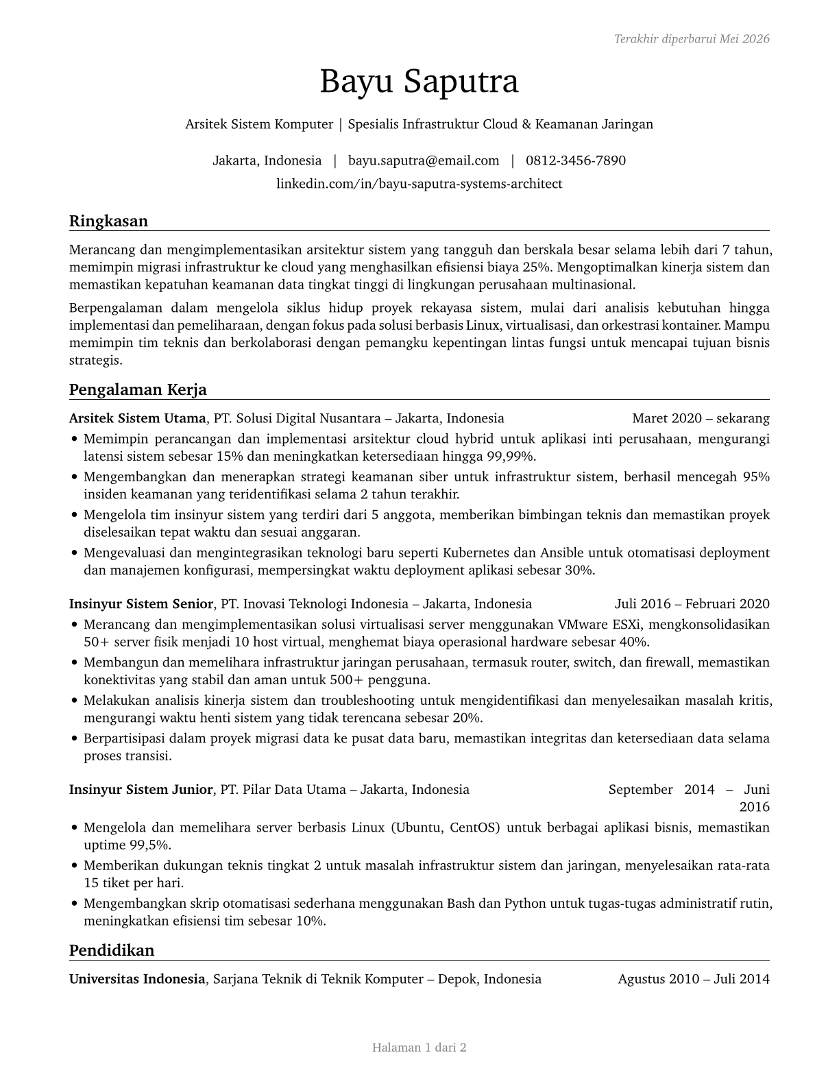 Computer Systems Engineers/Architects CV in Indonesian — page 1