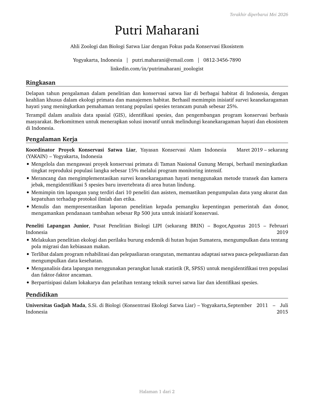 Zoologists and Wildlife Biologists CV in Indonesian — page 1