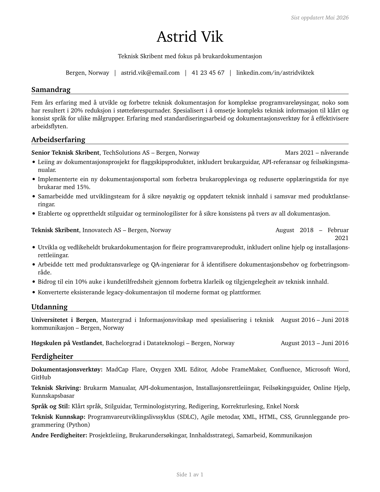 Technical Writers CV in Norwegian_nynorsk — page 1