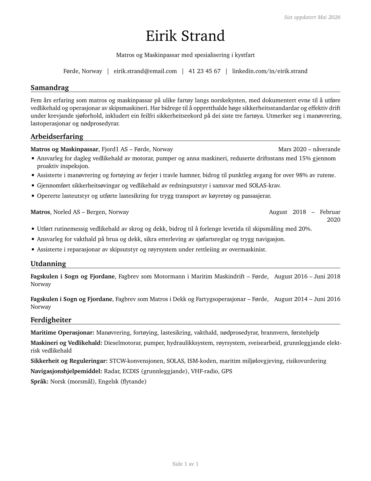 Sailors and Marine Oilers CV in Norwegian_nynorsk — page 1