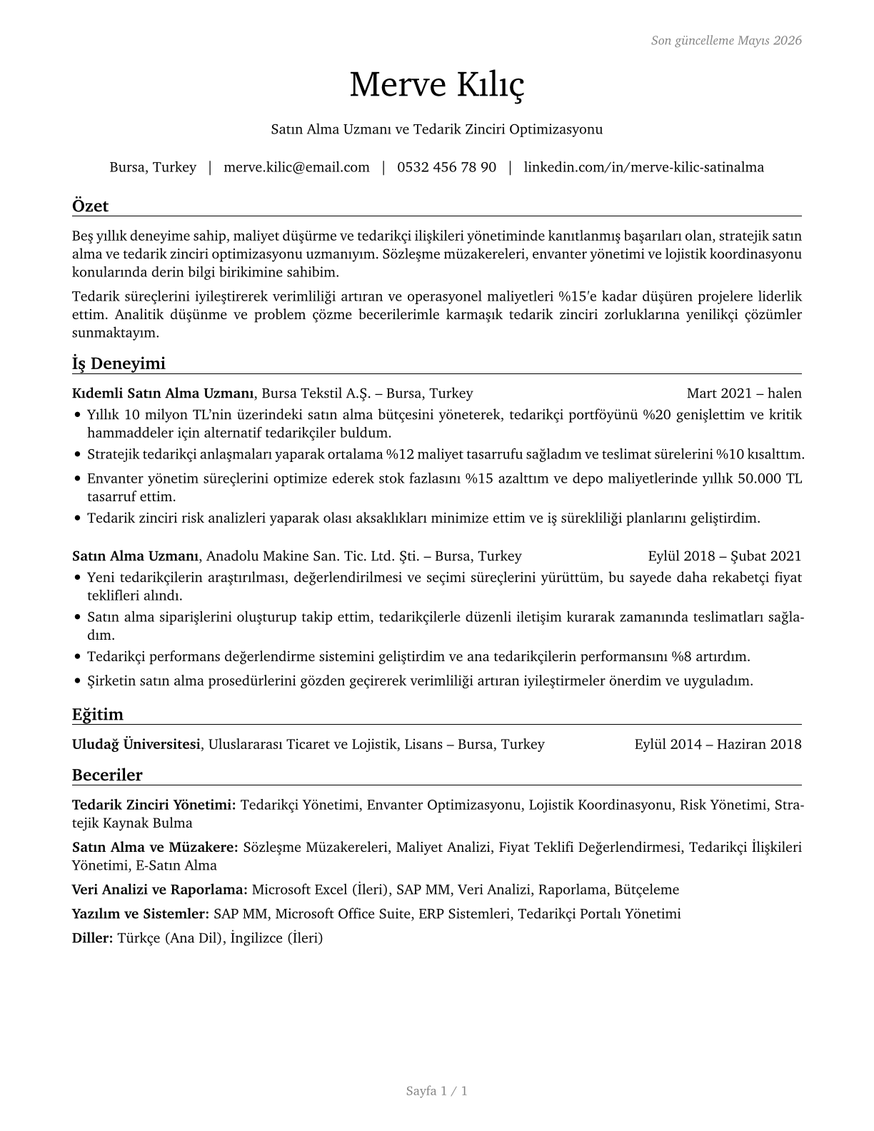 Purchasing Agents, Except Wholesale, Retail, and Farm Products CV in Turkish — page 1