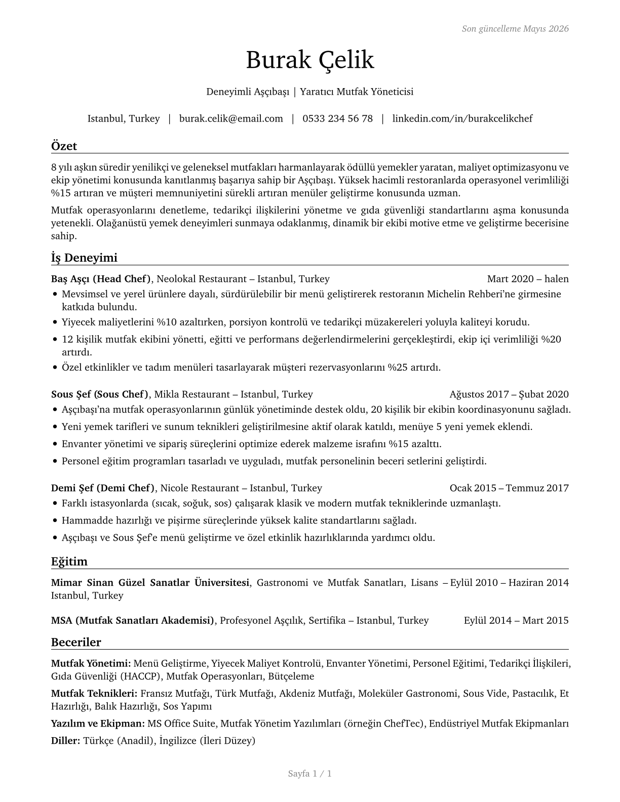 Chefs and Head Cooks CV in Turkish — page 1