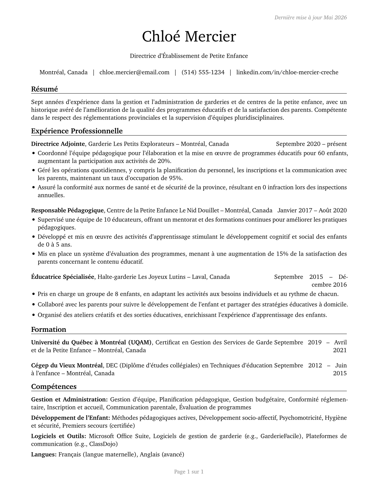 Education and Childcare Administrators, Preschool and Daycare CV in French — page 1