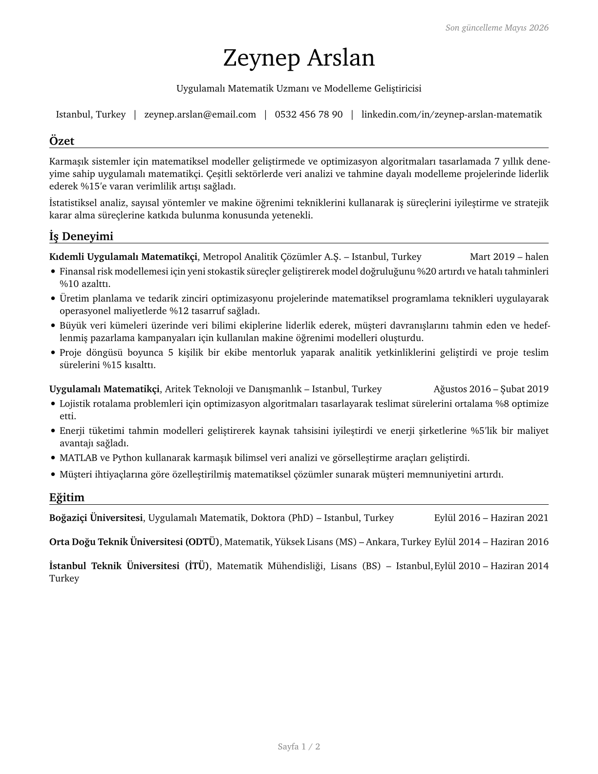 Mathematicians CV in Turkish — page 1