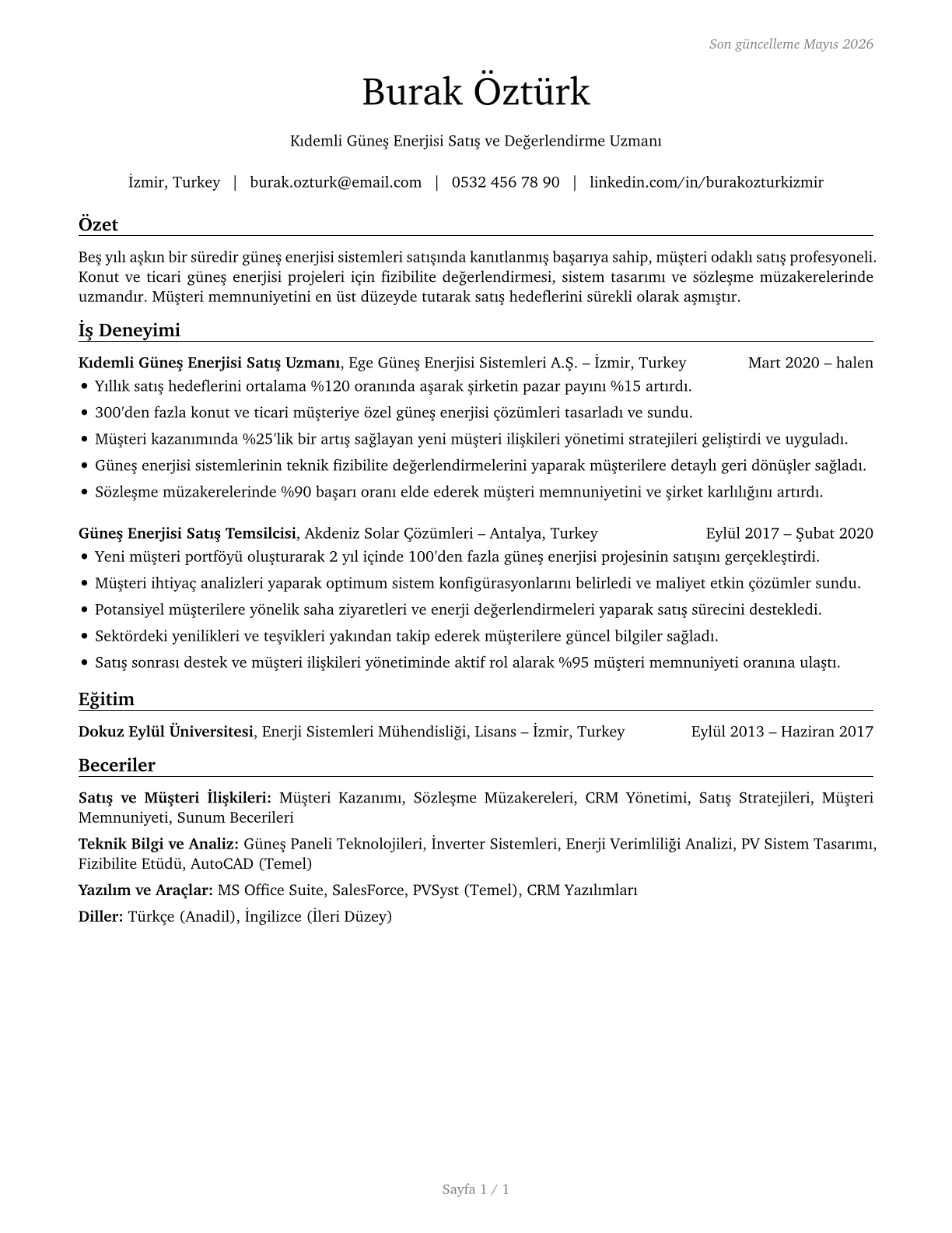 Solar Sales Representatives and Assessors CV in Turkish — page 1