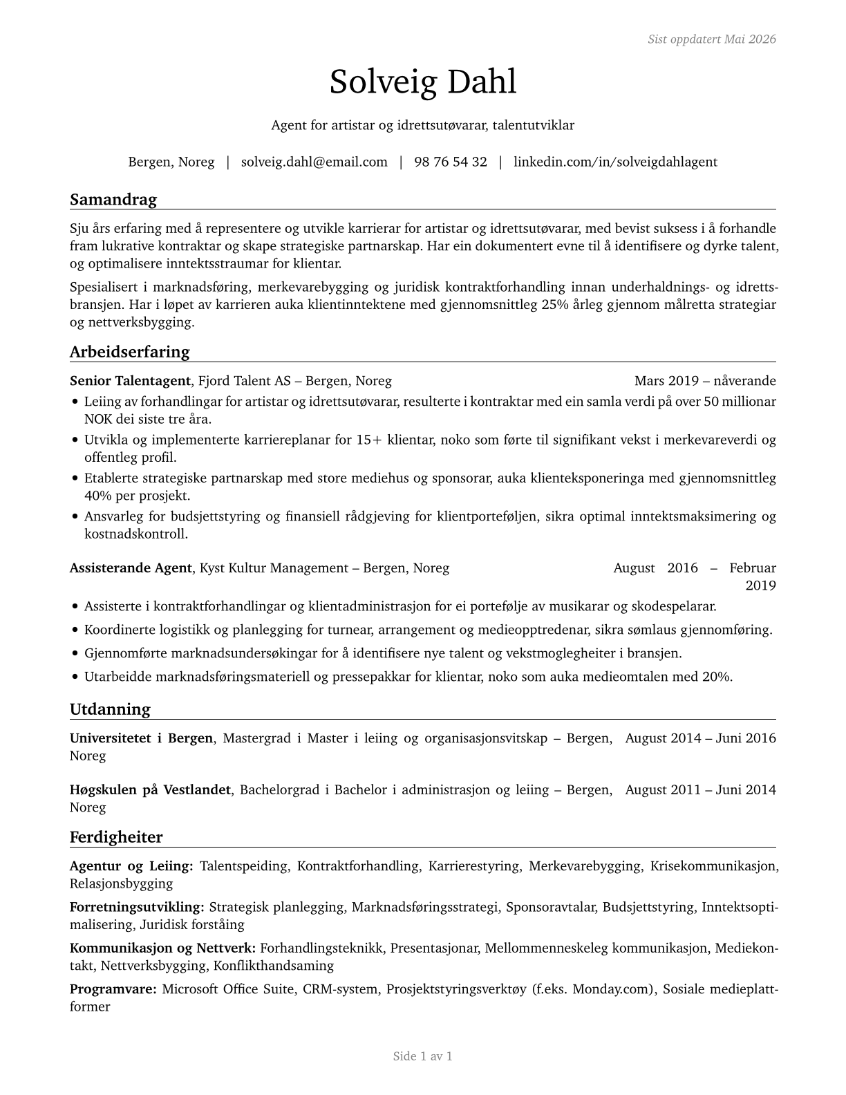 Agents and Business Managers of Artists, Performers, and Athletes CV in Norwegian_nynorsk — page 1