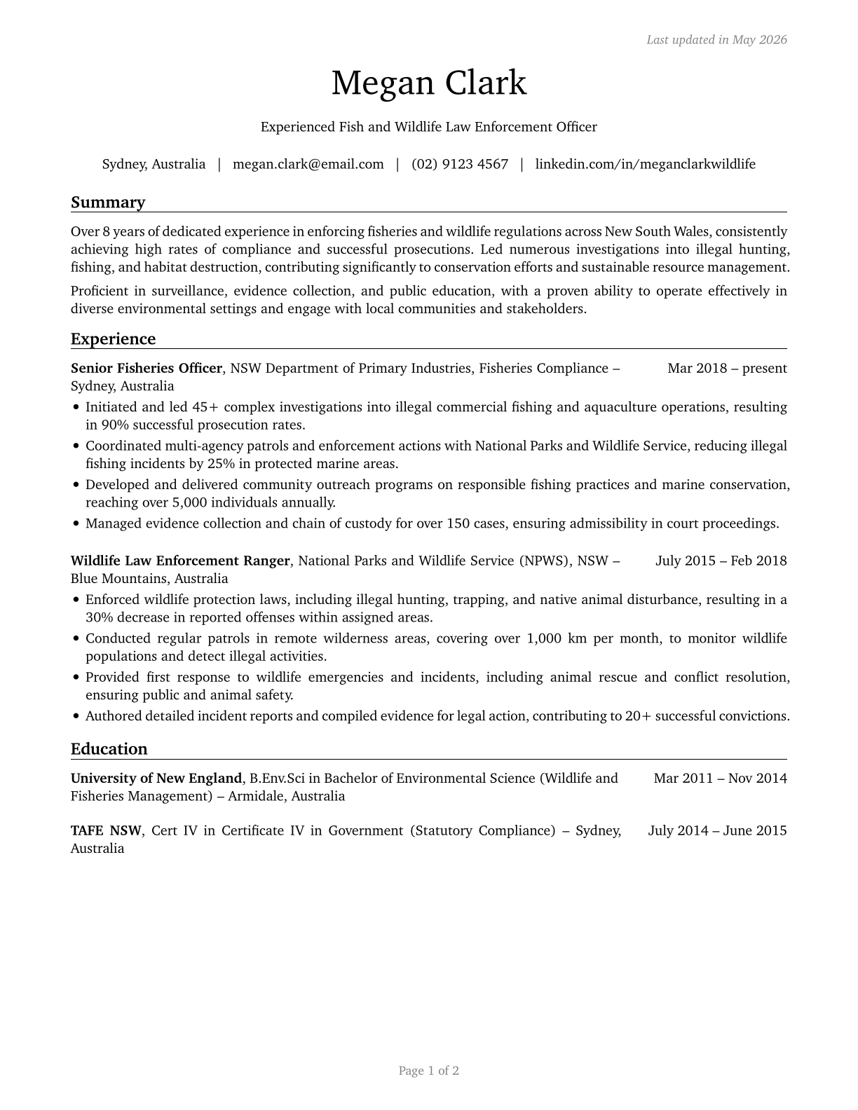 Fish and Game Wardens CV in English — page 1