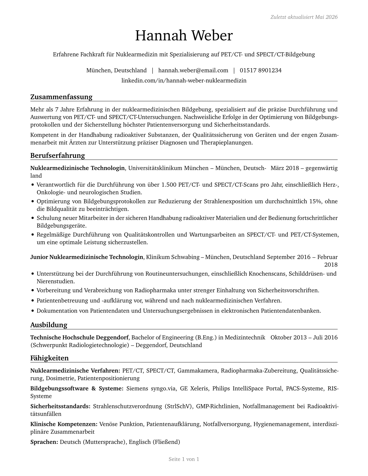 Nuclear Medicine Technologists CV in German — page 1