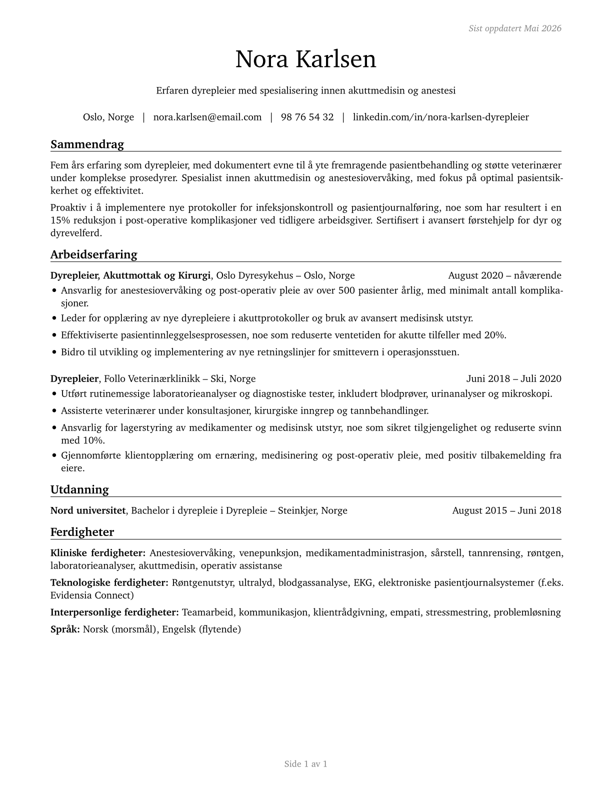 Veterinary Technologists and Technicians CV in Norwegian_bokmal — page 1
