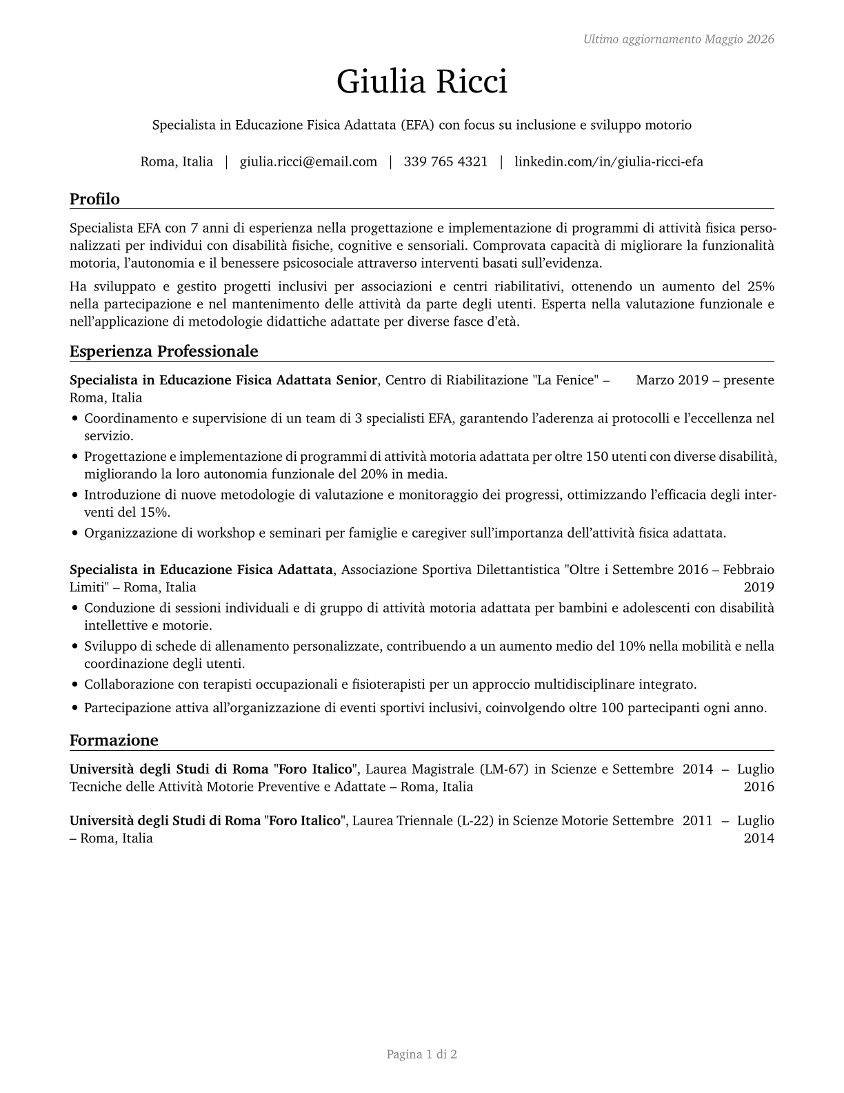 Adapted Physical Education Specialists CV in Italian — page 1