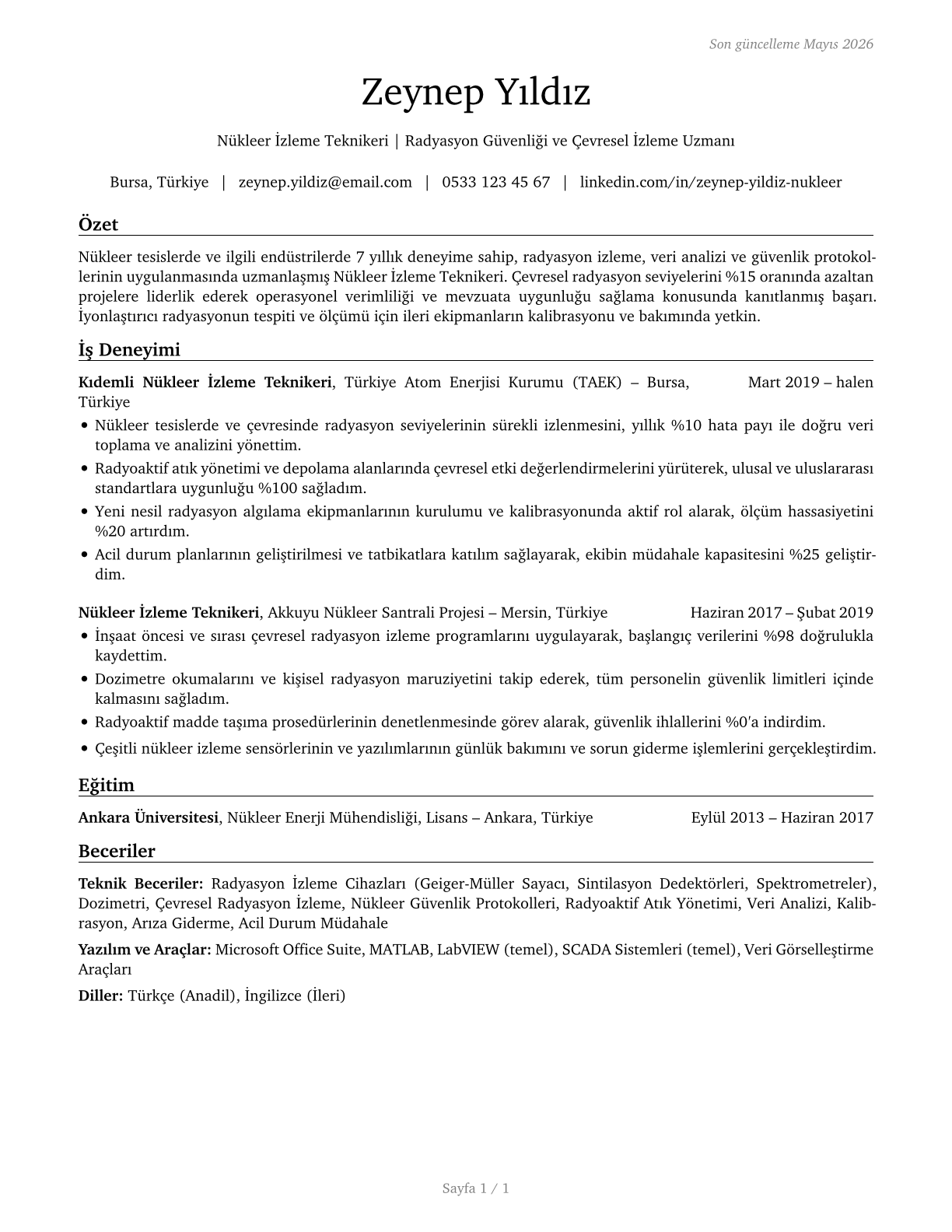 Nuclear Monitoring Technicians CV in Turkish — page 1