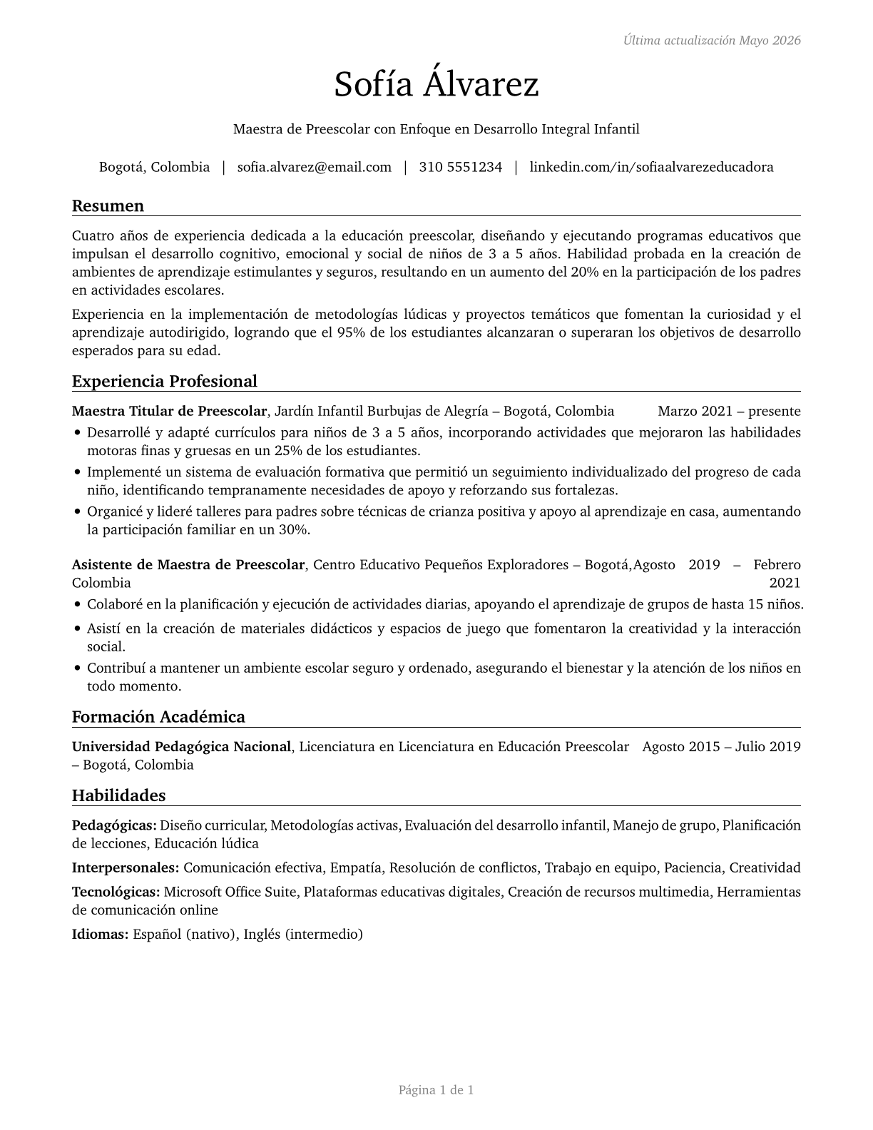 Kindergarten Teachers, Except Special Education CV in Spanish — page 1