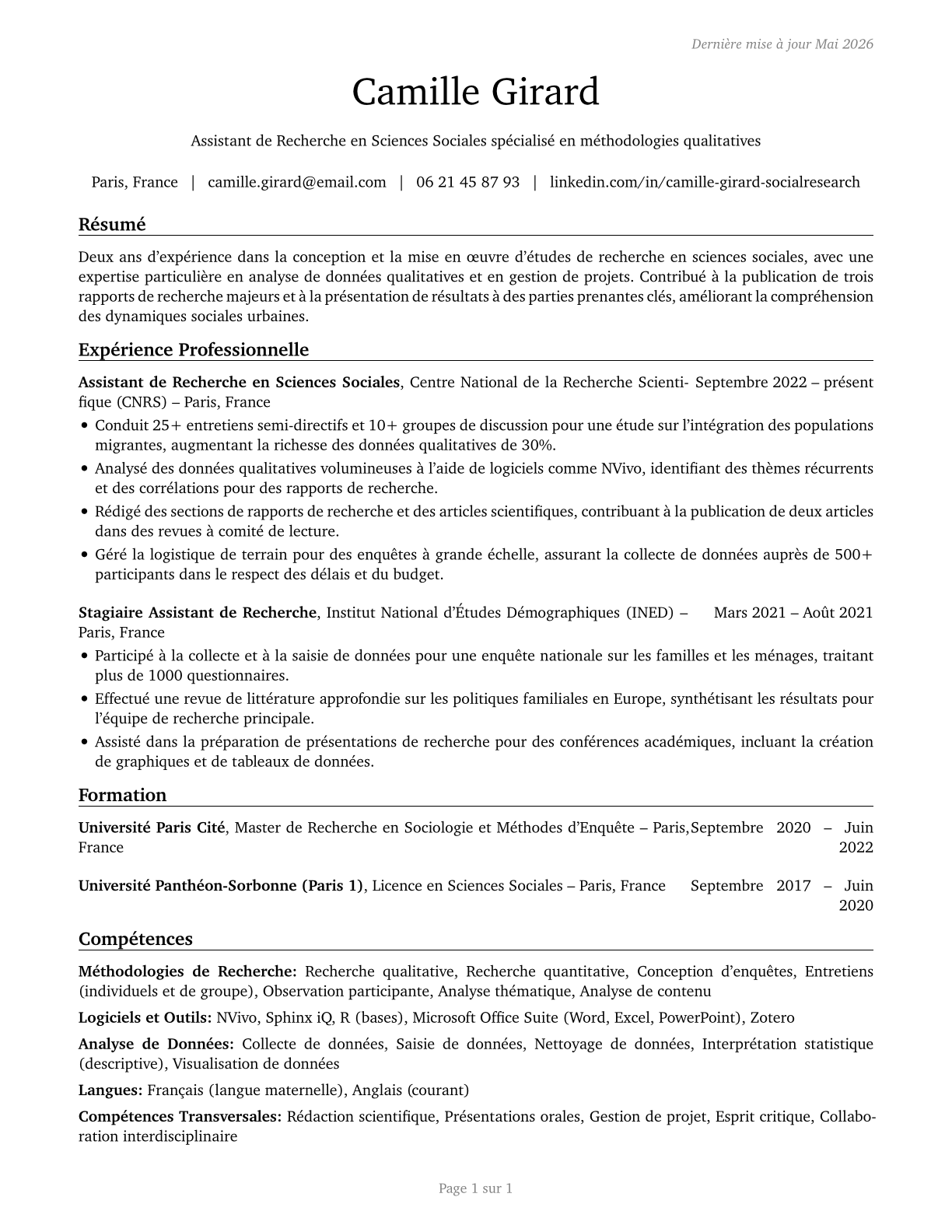 Social Science Research Assistants CV in French — page 1