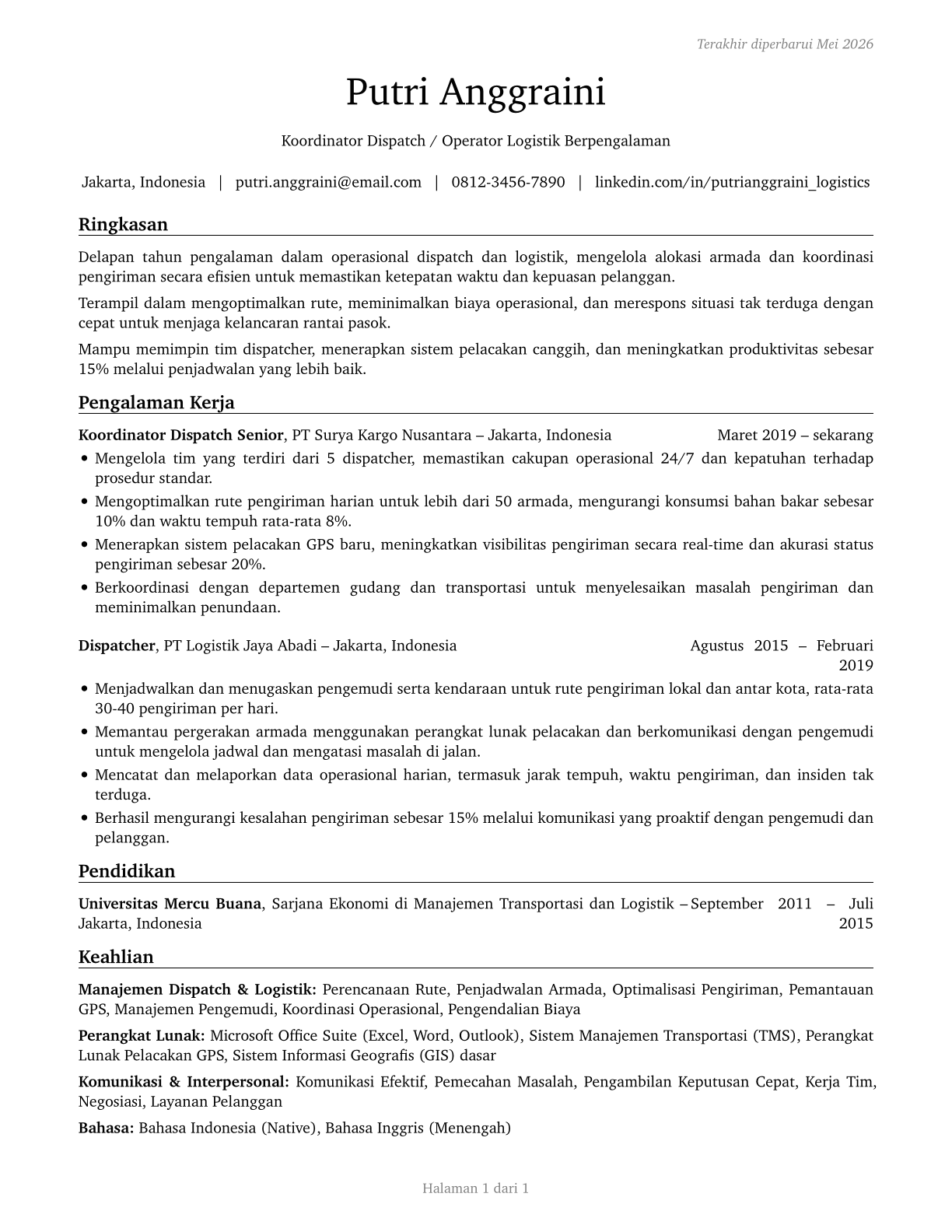 Dispatchers, Except Police, Fire, and Ambulance CV in Indonesian — page 1