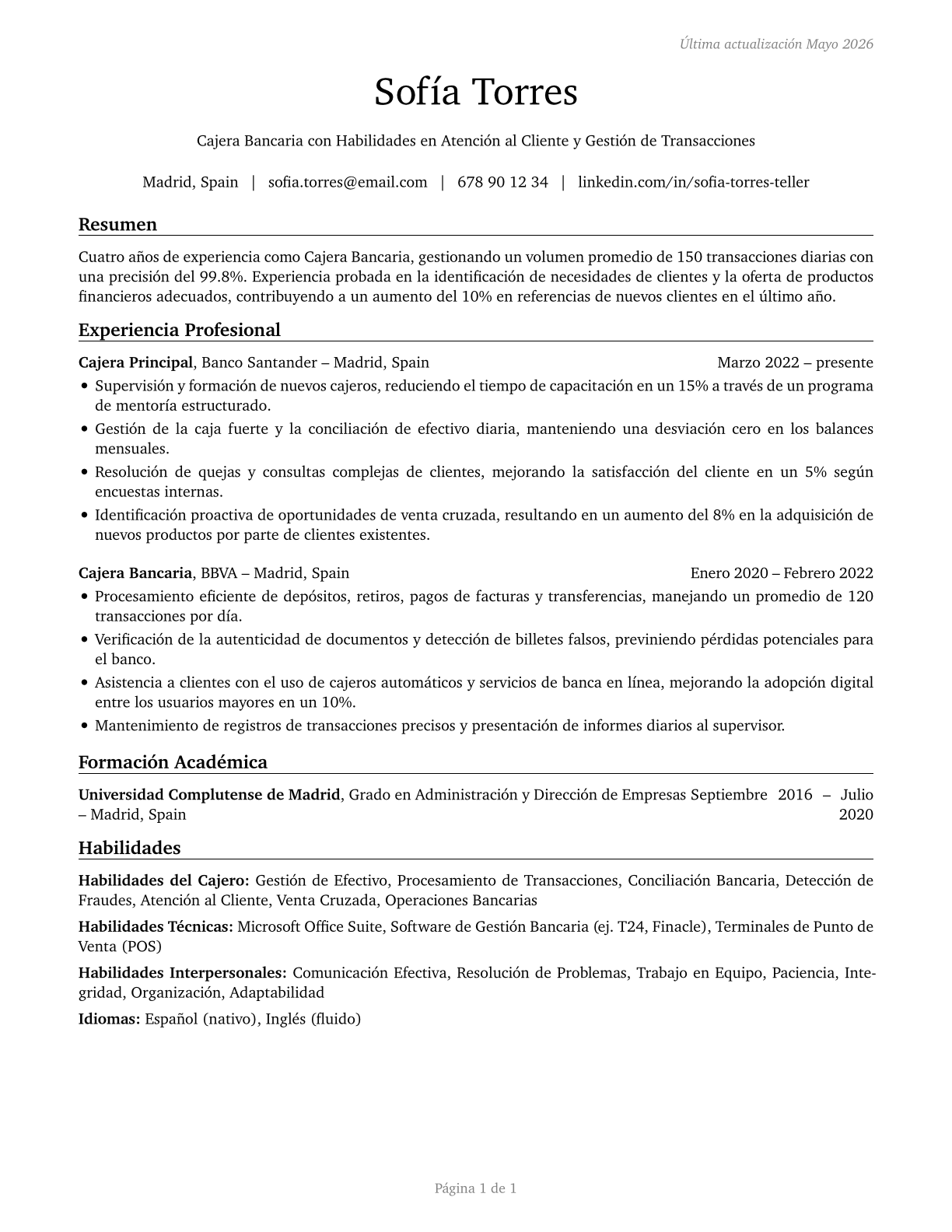 Tellers CV in Spanish — page 1