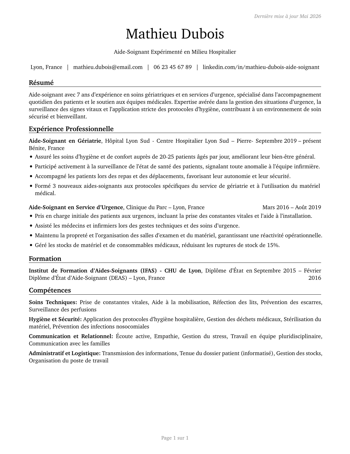 Orderlies CV in French — page 1