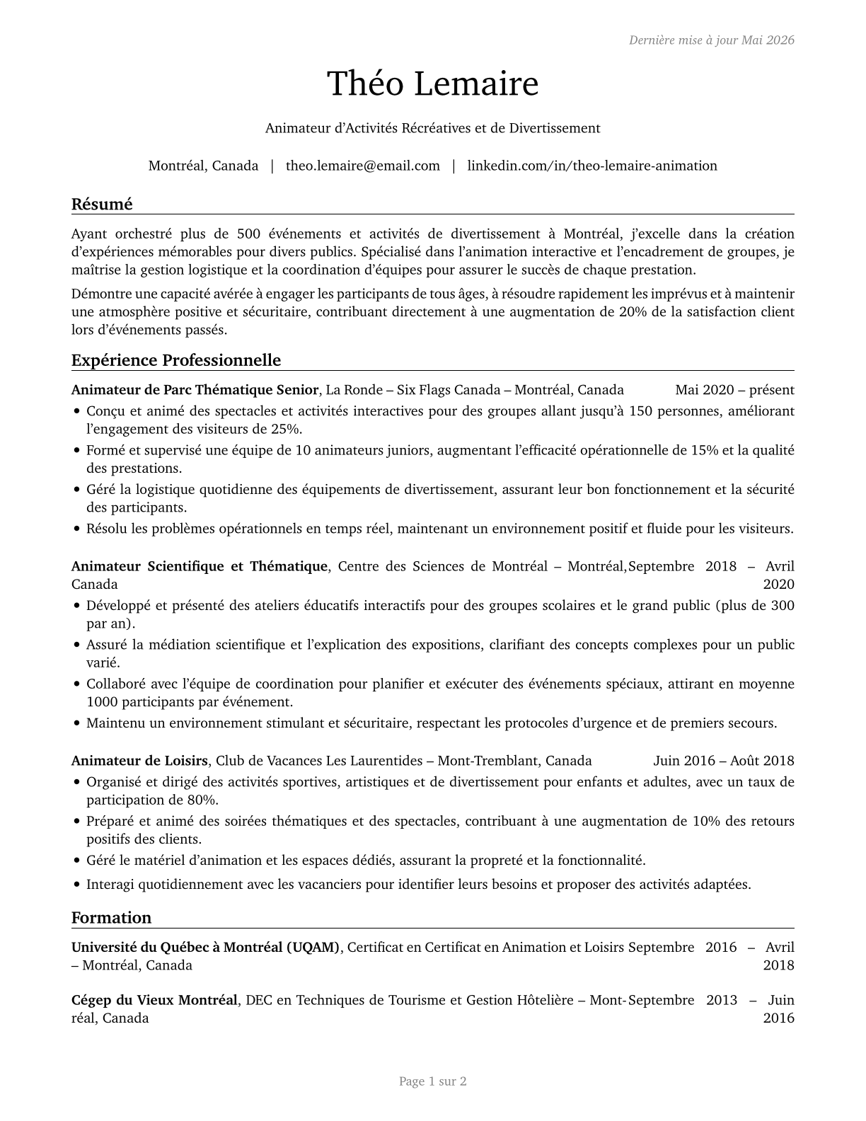 Entertainment Attendants and Related Workers, All Other CV in French — page 1