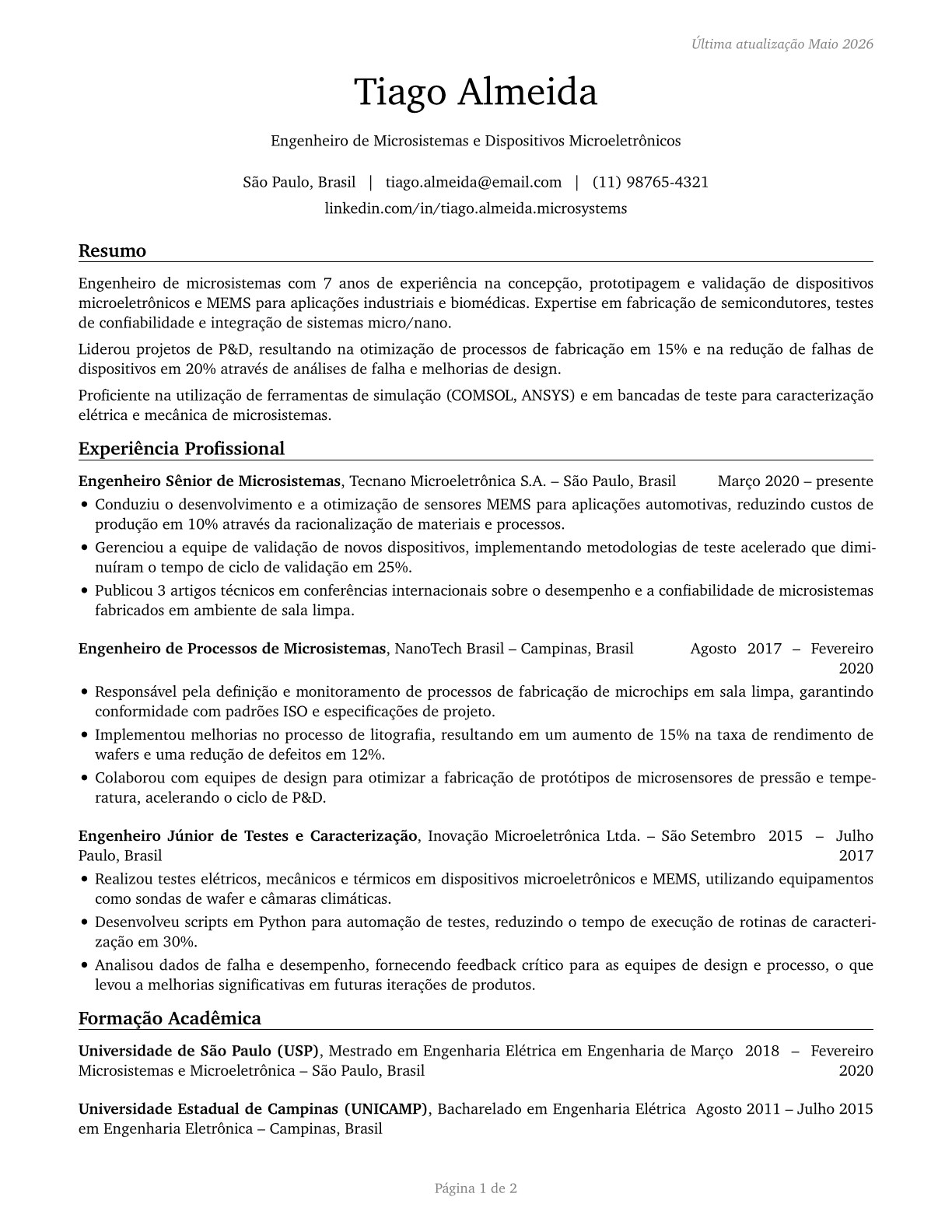 Microsystems Engineers CV in Portuguese — page 1
