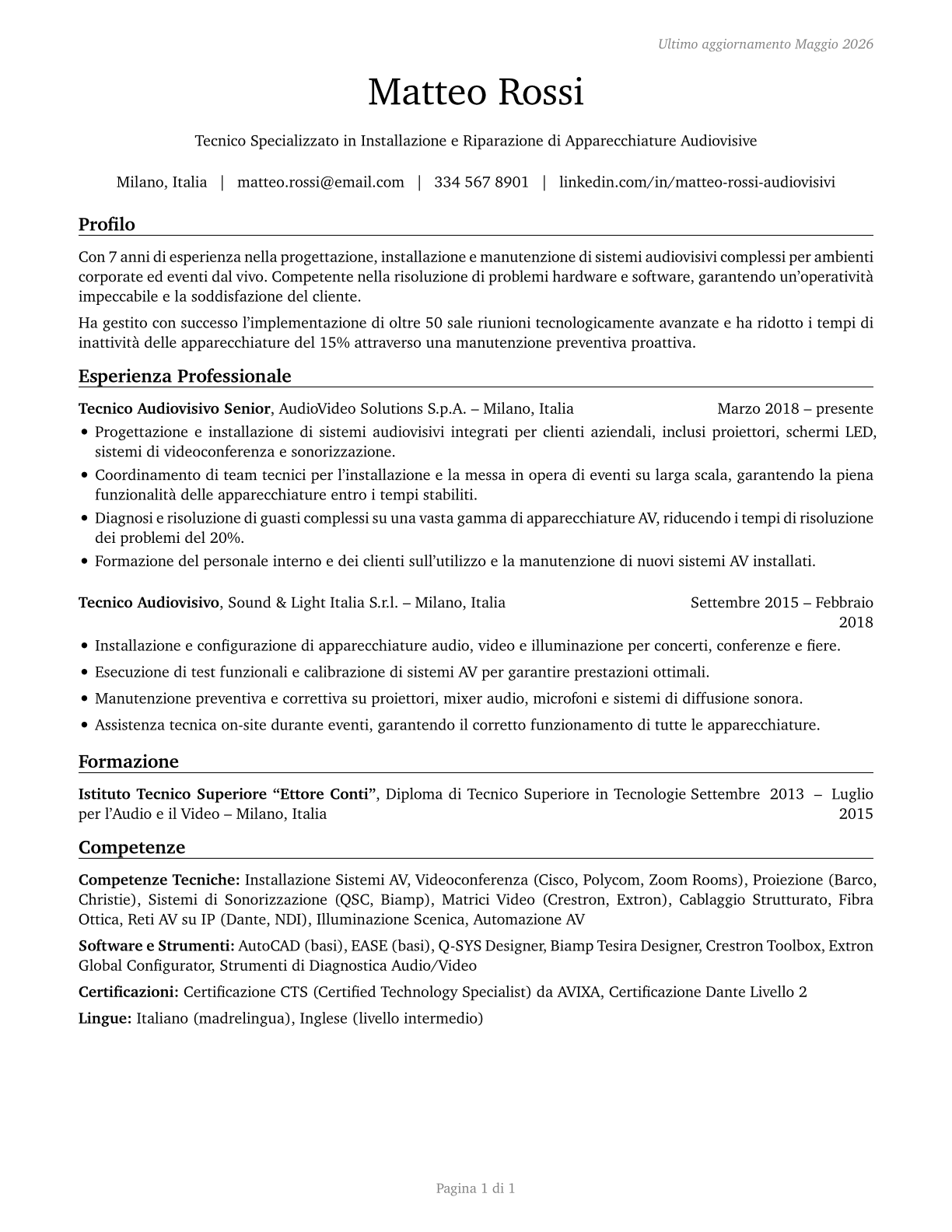 Audiovisual Equipment Installers and Repairers CV in Italian — page 1